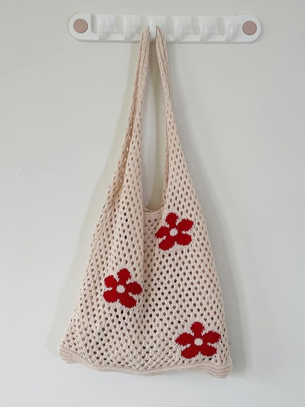 NWOT Crochet Beige Mesh Tote with Red Flower Accents